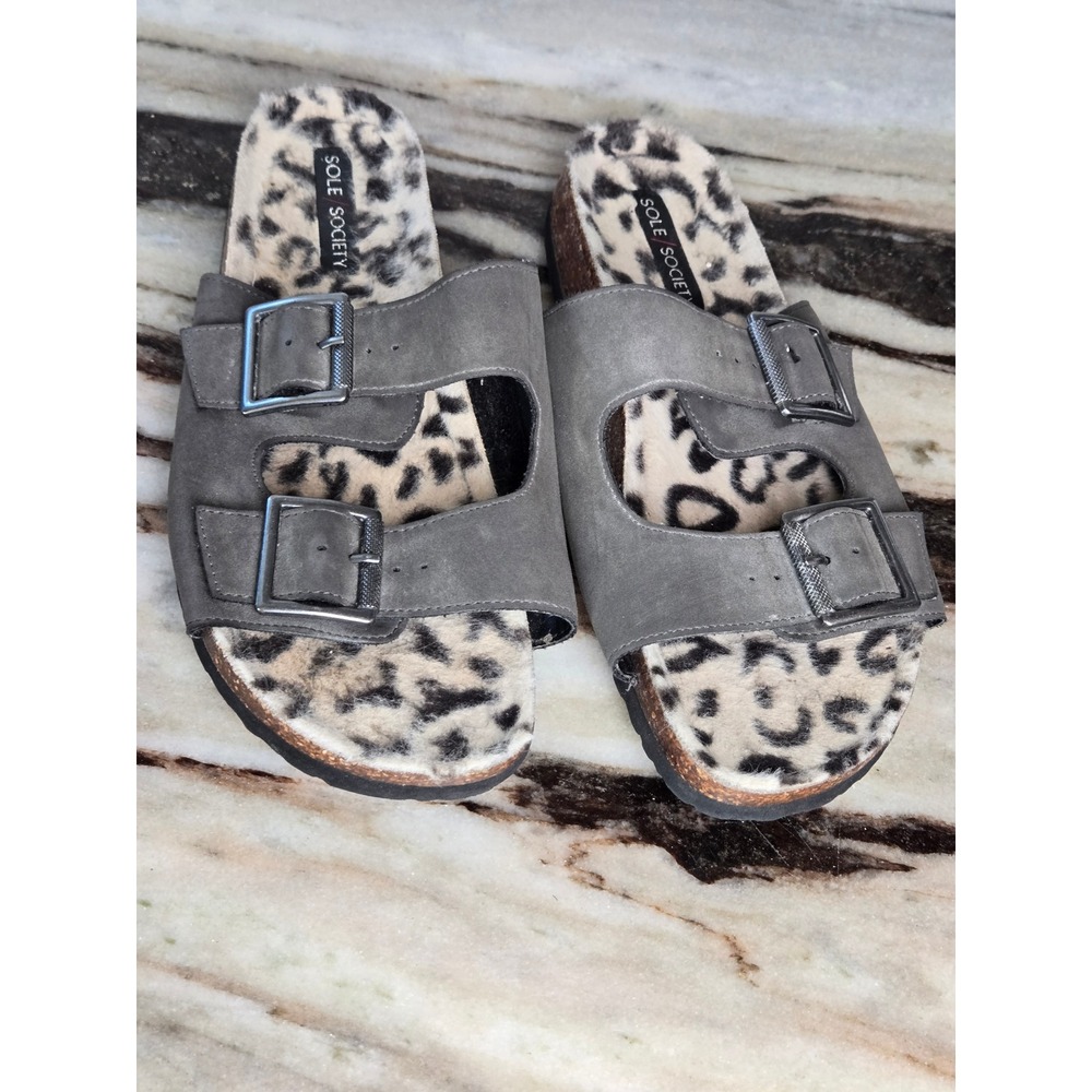 Sole Society Grey Suede Leopard Faux Fur Double Buckle Slide Sandals  Womens 8.5
